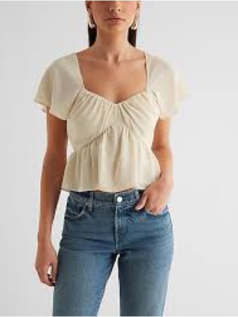 Express Cream Sweetheart Ruched Peplum Top